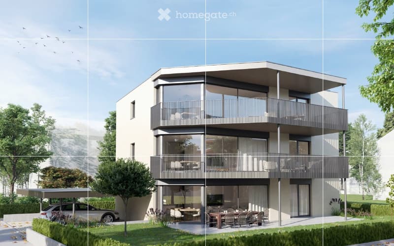 white two-story house, large windows, two balconies, parking area