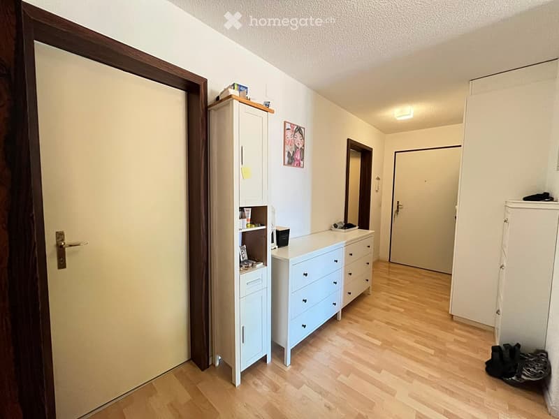 Hallway with light wooden flooring, a small cabinet, a drawer unit, a mirror, and a picture frame on the wall.
