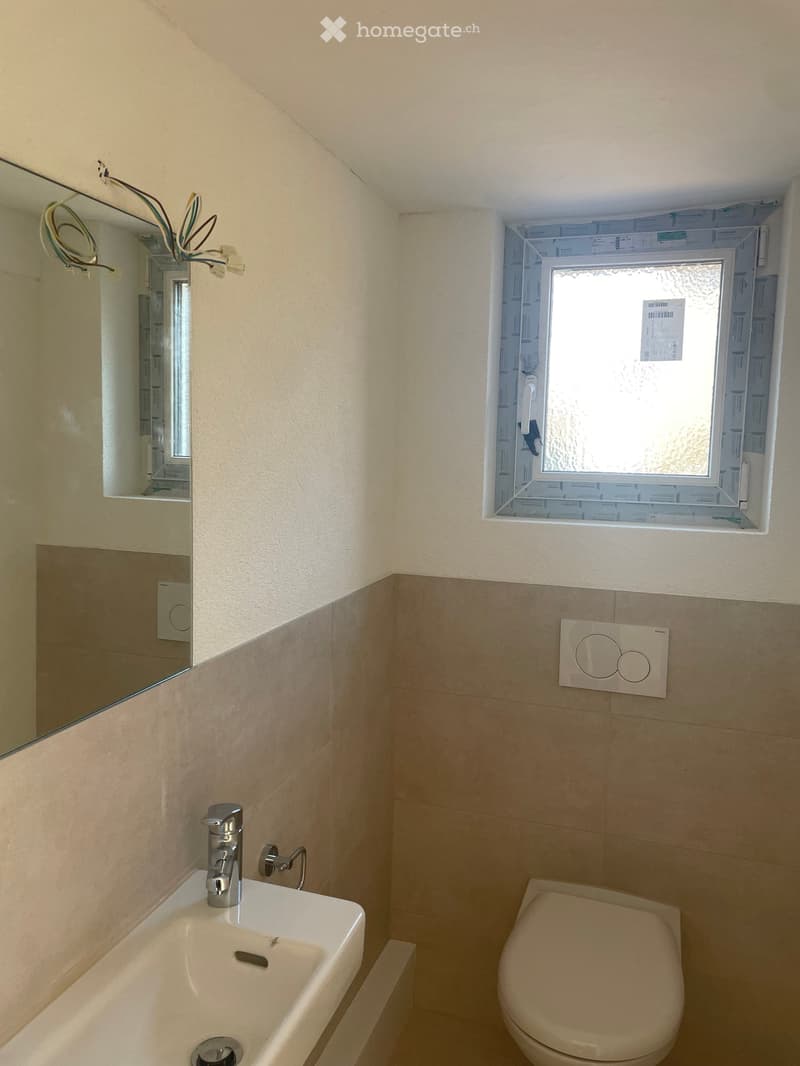 Bathroom. Small bathroom with a white sink, chrome faucet, toilet, and a large mirror on the wall. A small window is visible above the toilet.