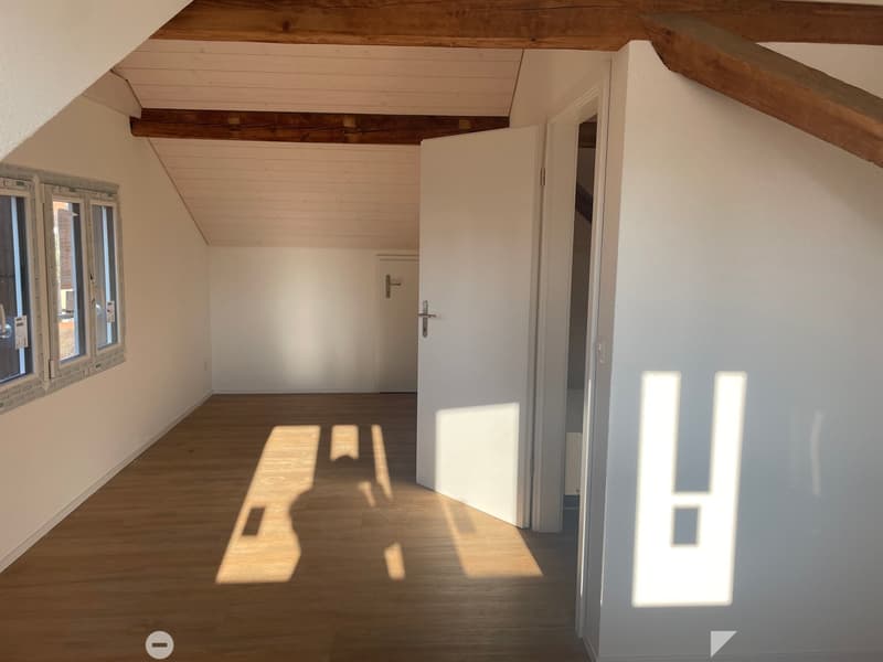Corridor / Hallway. Empty hallway with wooden flooring, white walls, and exposed wooden beams on the ceiling. Features a window on the left and a door at the end.