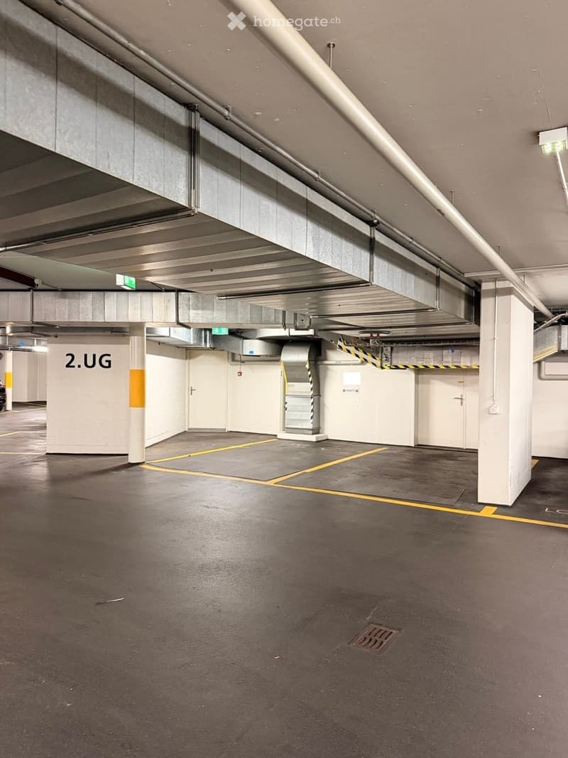 Underground parking level with marked parking spaces, concrete pillars, and overhead lighting.