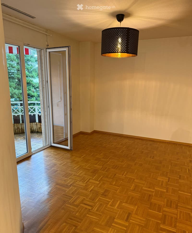 Empty room with wooden herringbone flooring, large sliding glass doors leading to a balcony, and a modern pendant light fixture.