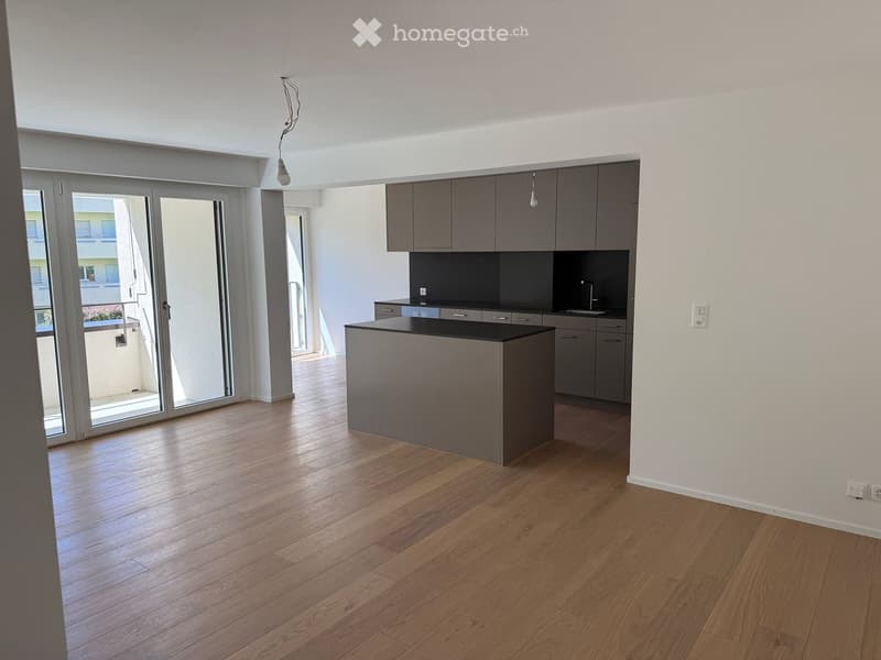 Modern kitchen with wooden flooring, grey cabinets, and a central island. Large sliding glass doors lead to a balcony.