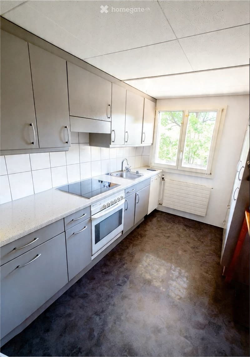 modern kitchen with white cabinets, granite countertop, electric stove, oven, sink, dishwasher, radiator, windows