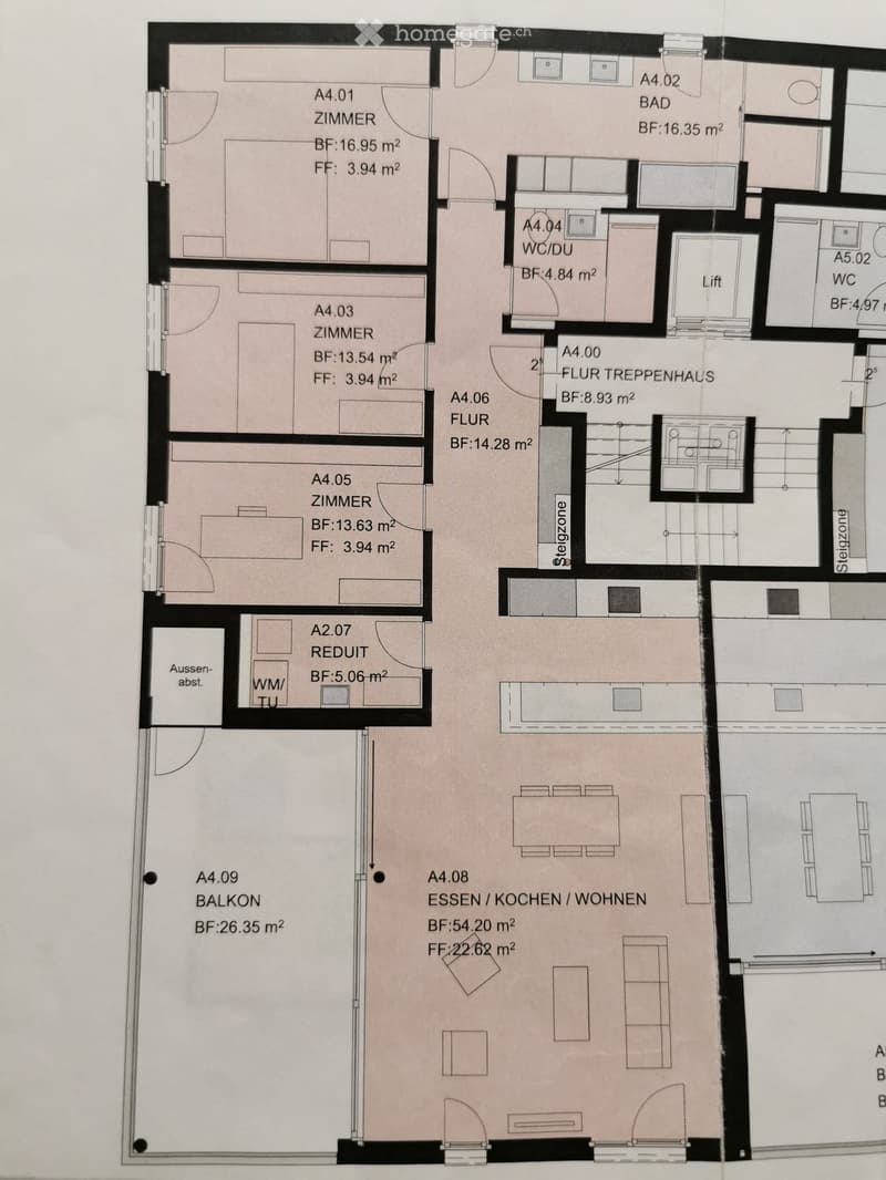 Floor plan showing a multi-room layout including a combined dining/kitchen/living area, four bedrooms, a bathroom, a WC/DU, a staircase hall, a balcony, and a utility area.