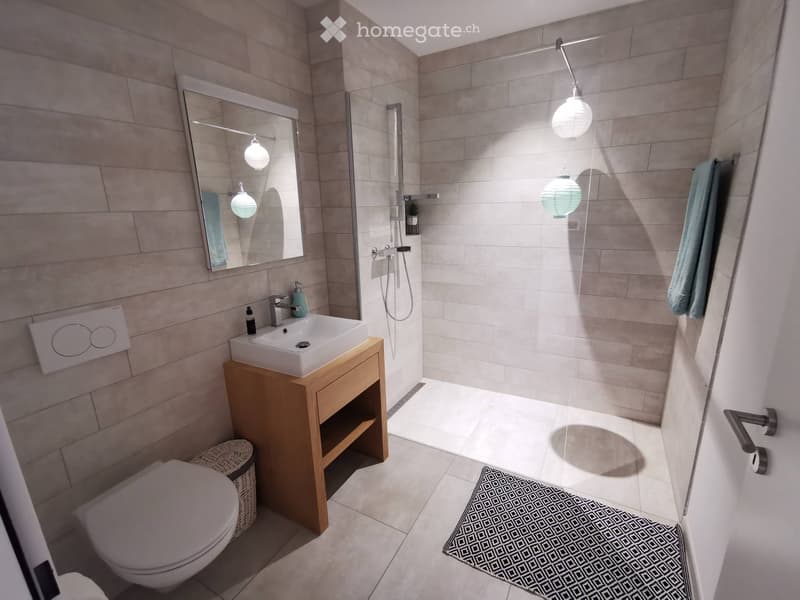 Modern bathroom with a wooden vanity, white sink, mirror, toilet, and a glass-enclosed shower. Features include a patterned rug, a towel, and decorative light fixtures.