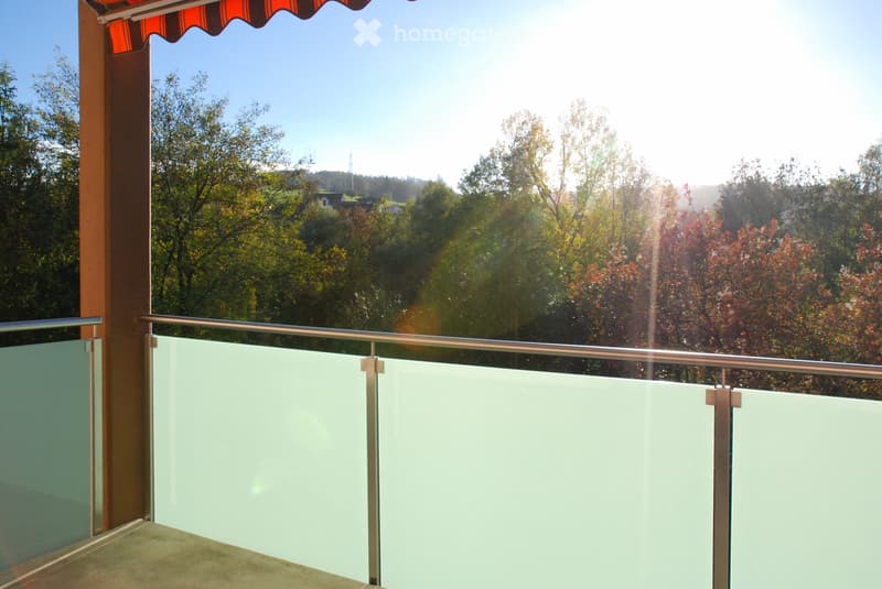Balcony with glass railing, overlooking a forested area with trees and a clear blue sky.