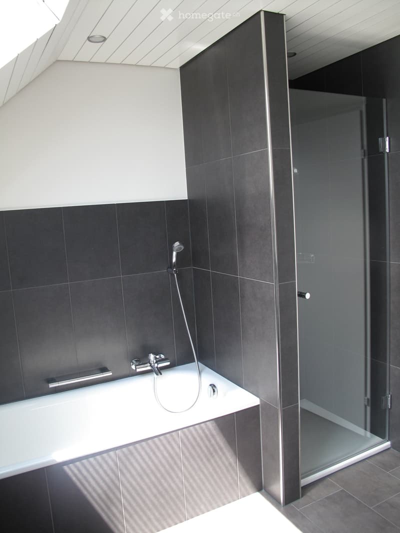 Modern bathroom with a white bathtub, chrome faucet, handheld showerhead, and a glass-enclosed shower area. Dark grey tiles on walls and floor.