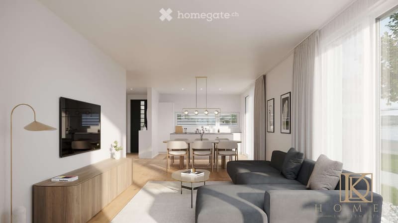 Modern living and dining area with a grey sofa, coffee table, dining table with chairs, floor lamp, and a TV on a wooden cabinet.