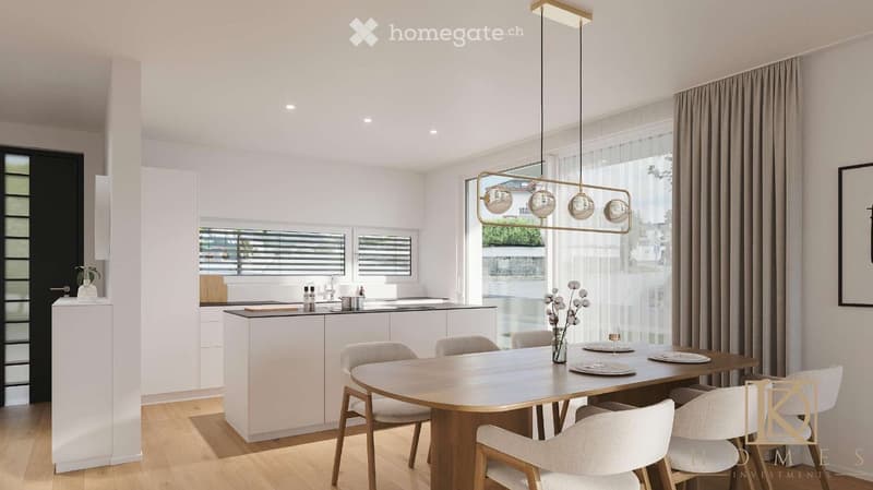 Modern, open-plan kitchen and dining area with white cabinets, a wooden dining table, six chairs, and a pendant light fixture. The space features large windows with curtains and a sleek kitchen island.