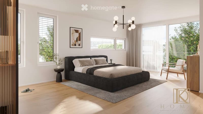 Modern bedroom with a large bed, wooden floor, large windows with curtains, a side table, a chair, and a picture frame on the wall.