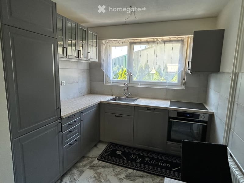 Modern kitchen with grey cabinets, a sink, stove, and oven. The space features a window with curtains and a decorative rug on the floor.