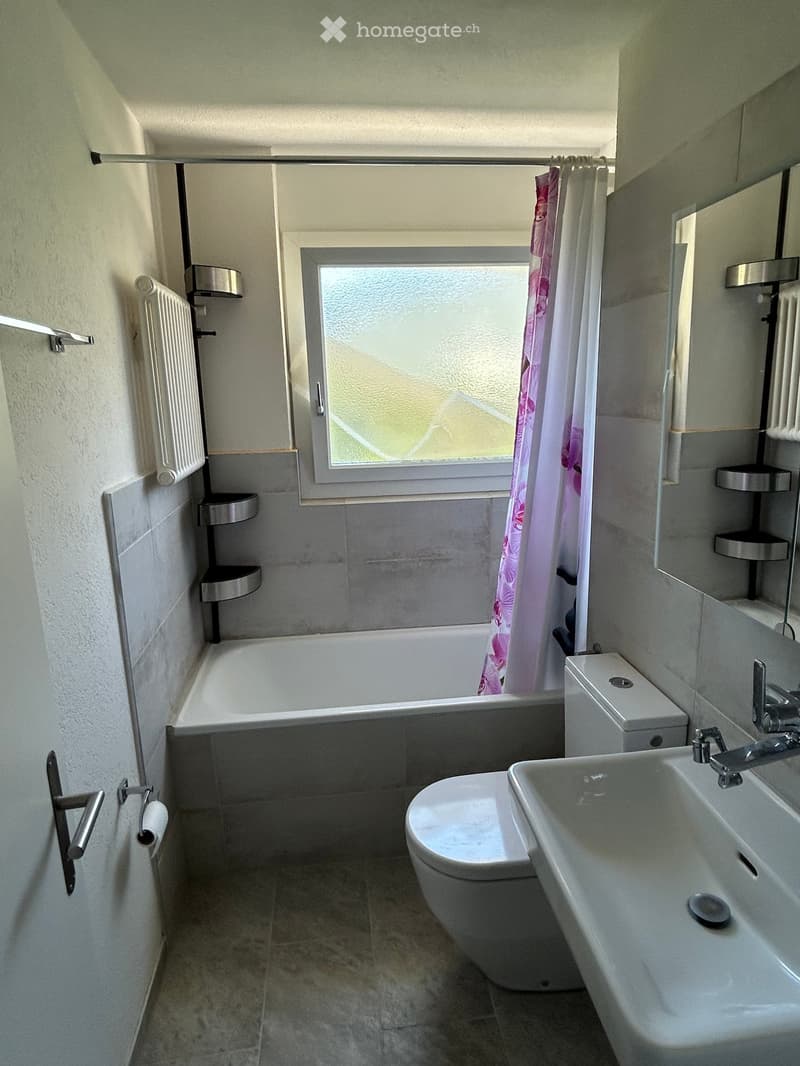 Modern bathroom with a bathtub, toilet, sink, radiator, mirror, and a shower curtain. The room features tiled walls and a window with frosted glass.