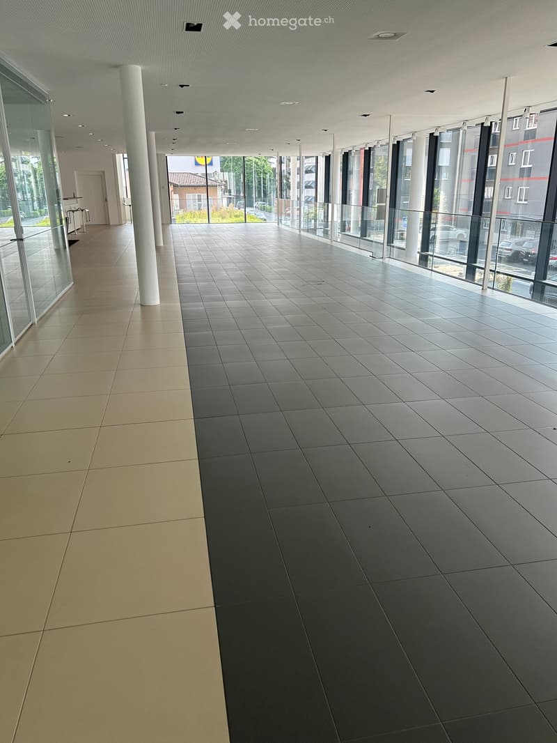 Modern hallway with tiled floors, large glass windows, and white columns. The space is well-lit with recessed ceiling lights and features a clean, minimalist design.