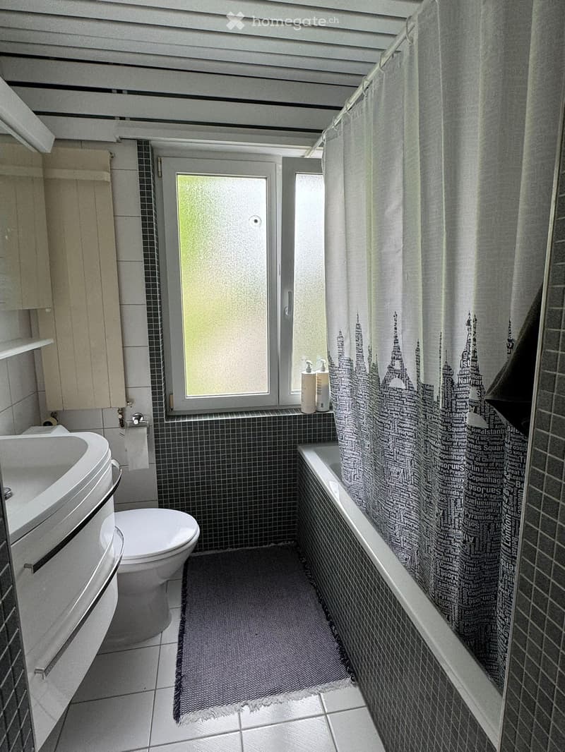 Modern bathroom with dark tiled walls, a bathtub with a decorative shower curtain, a toilet, a sink, and a window with frosted glass. Two bottles are placed on the windowsill.