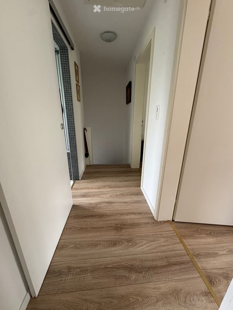 Clean, well-lit hallway with wooden flooring, white walls, and several doors leading to different rooms.