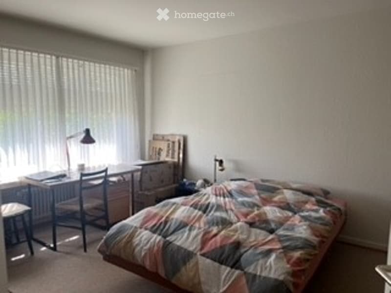Cozy bedroom with a bed, desk, chair, and lamp. The room features a large window with blinds and a radiator under the window.