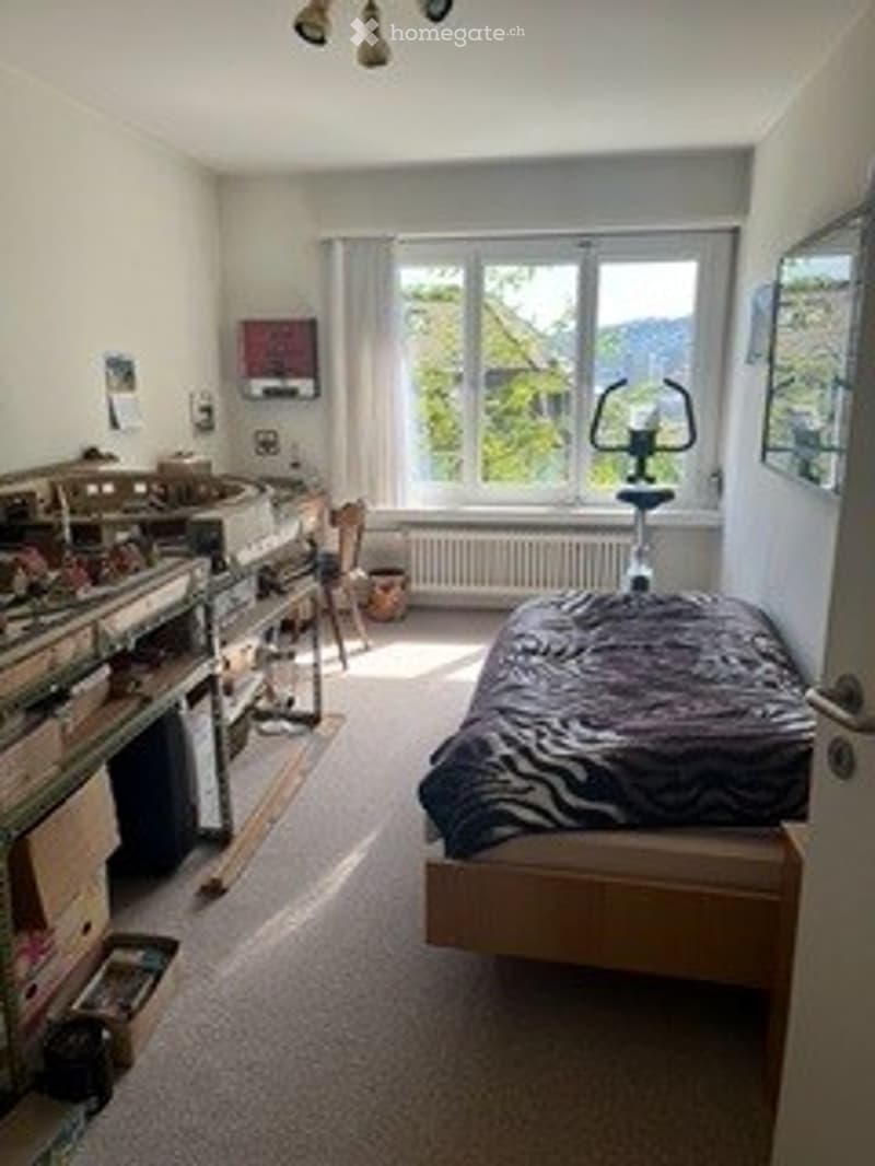 A bedroom with a bed, desk, chair, mirror, radiator, and a screen. The room has large windows and a carpeted floor.