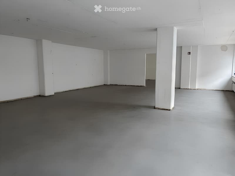 Empty room with white walls, grey concrete floor, and white structural columns. No furniture or equipment present.
