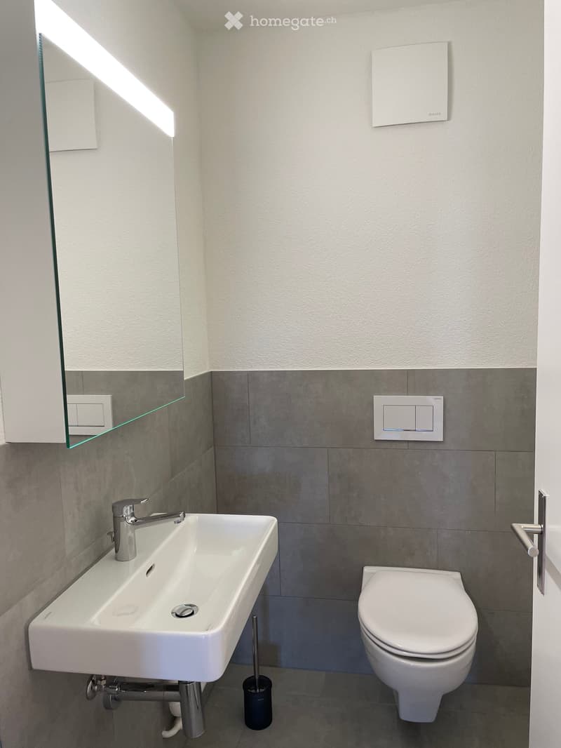 Modern bathroom with a white sink, chrome faucet, toilet, and a sleek mirror with built-in lighting. Grey tiles line the lower half of the walls, contrasting with white upper walls.