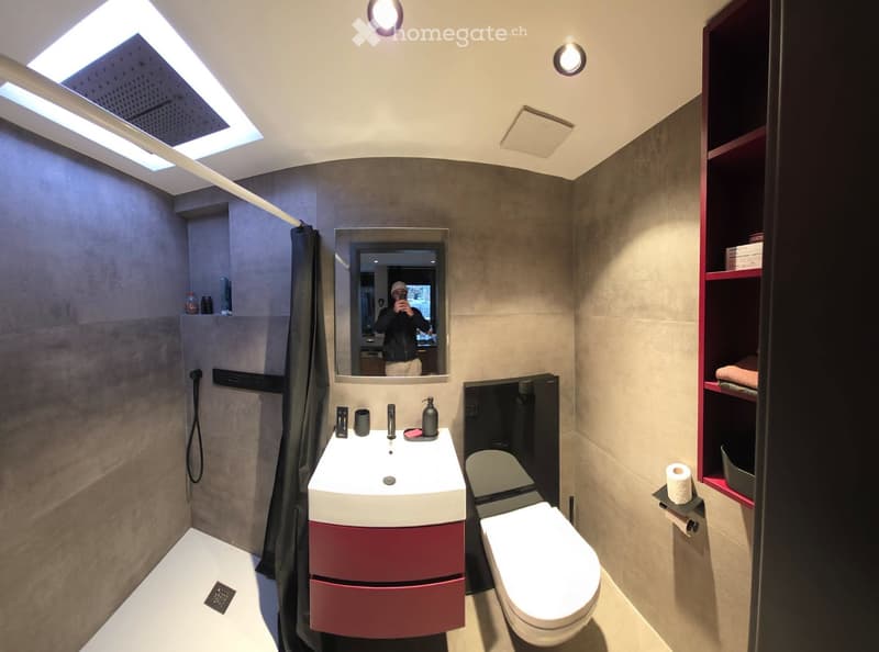 Modern bathroom with a white sink, red cabinet, toilet, large mirror, and a shower area with a curtain. The walls are tiled in a neutral color, and the ceiling has built-in lighting and skylights.