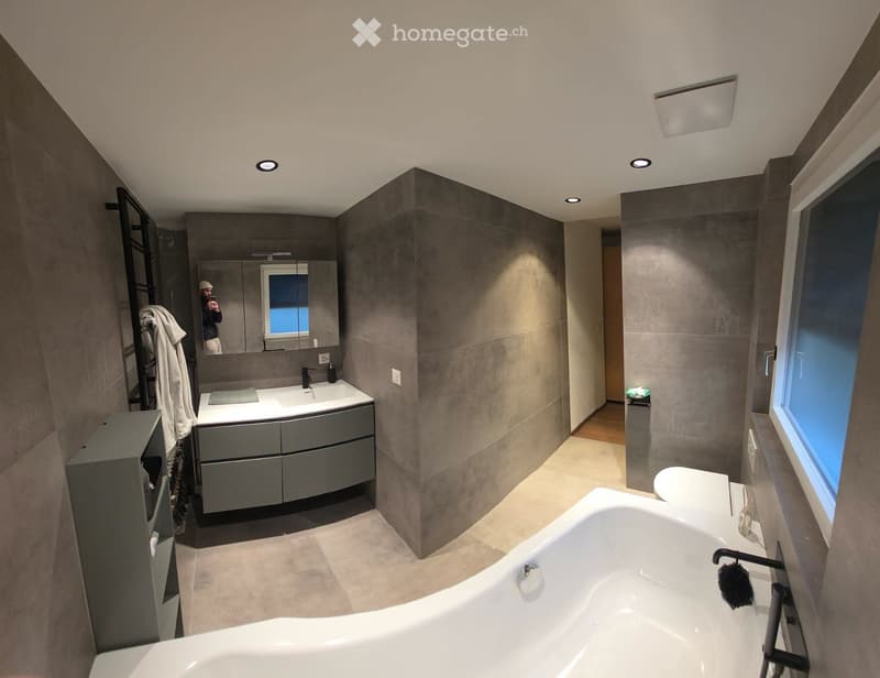 Modern bathroom with a large bathtub, double sink, mirrored cabinet, and built-in storage. Features recessed lighting and large windows.