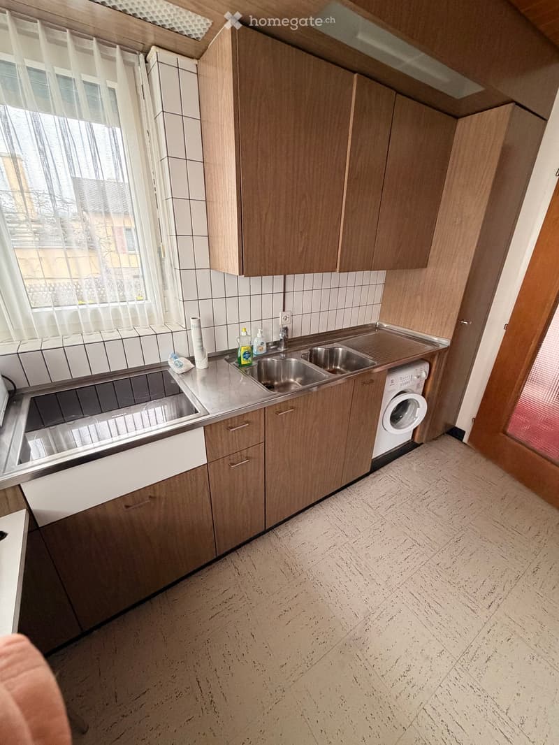 Modern kitchen with wooden cabinets, stainless steel sink, and a washing machine. The countertops are clean and organized, with a few cleaning supplies visible.