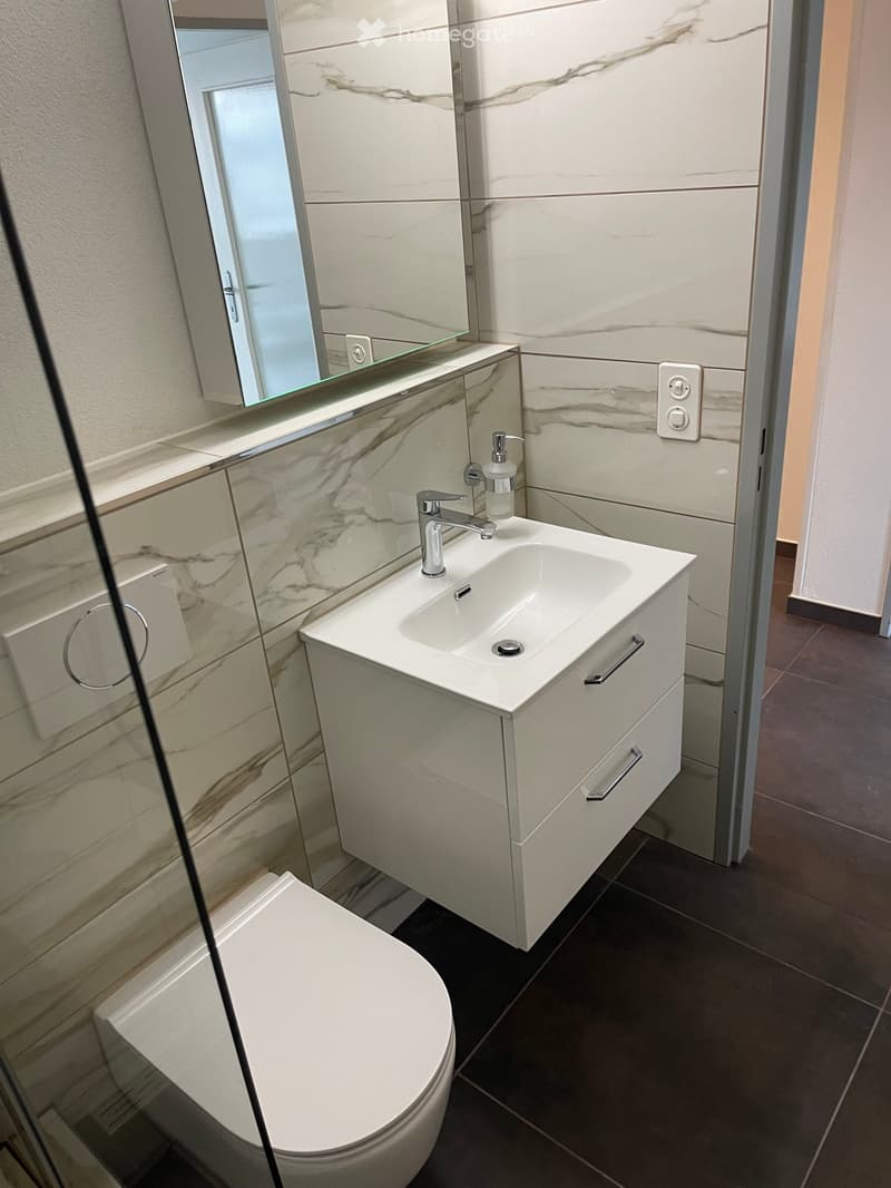 Modern bathroom with white marble tiles, a white sink with a chrome faucet, a toilet, and a large mirror above the sink.