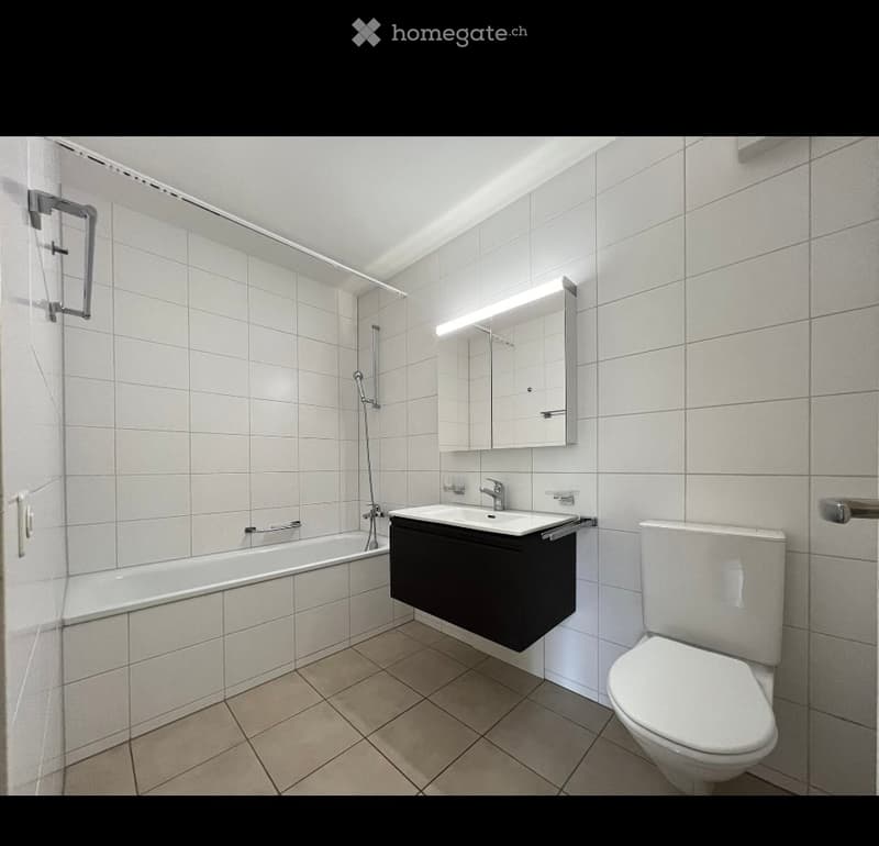 Modern bathroom with white tiles, a bathtub, a sink with a dark cabinet, a toilet, and a mirror with built-in lighting.