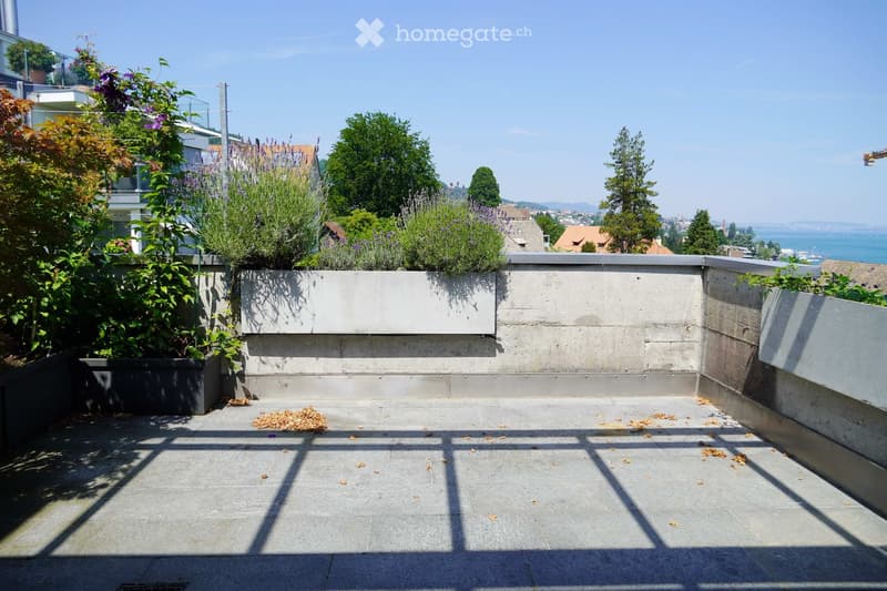 A modern rooftop terrace with concrete planters, greenery, and a distant view of the city and water.