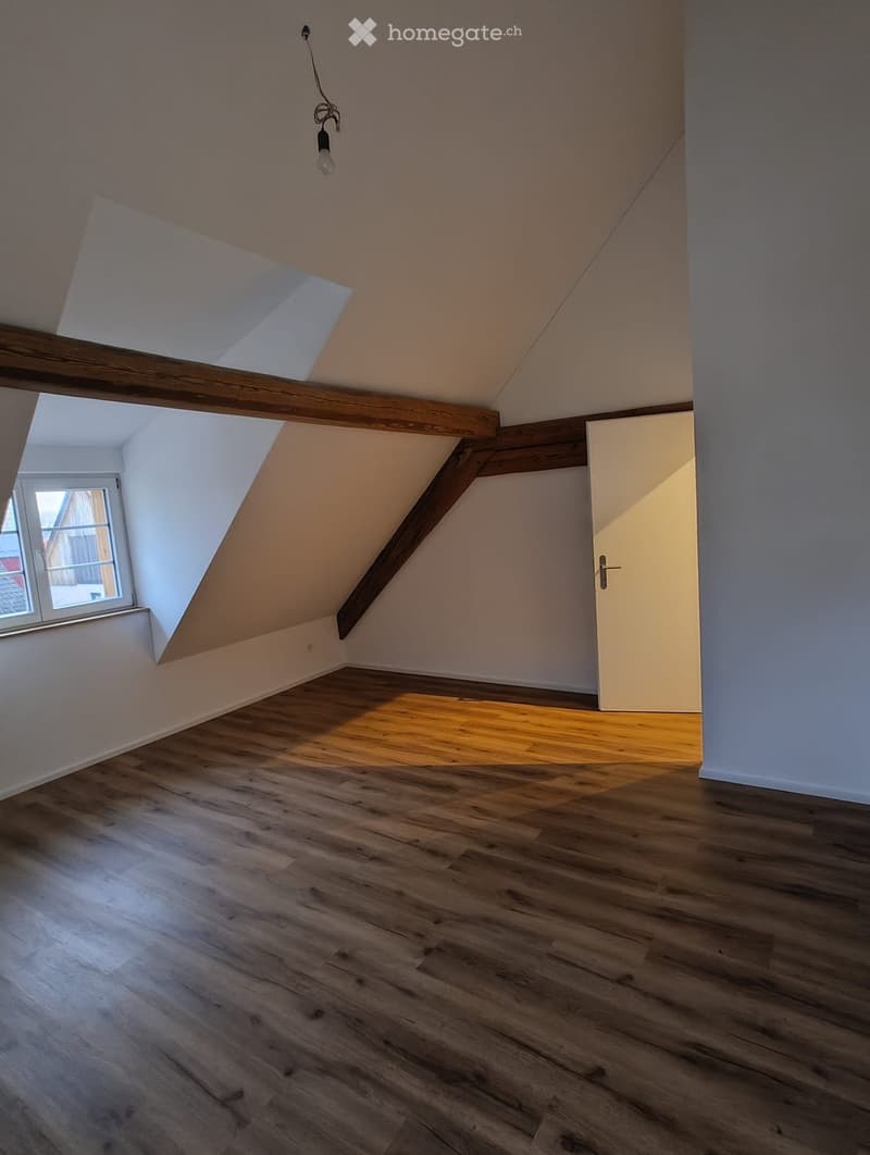 Empty attic room with wooden flooring, exposed wooden beams, and a skylight window. No furniture or equipment present.