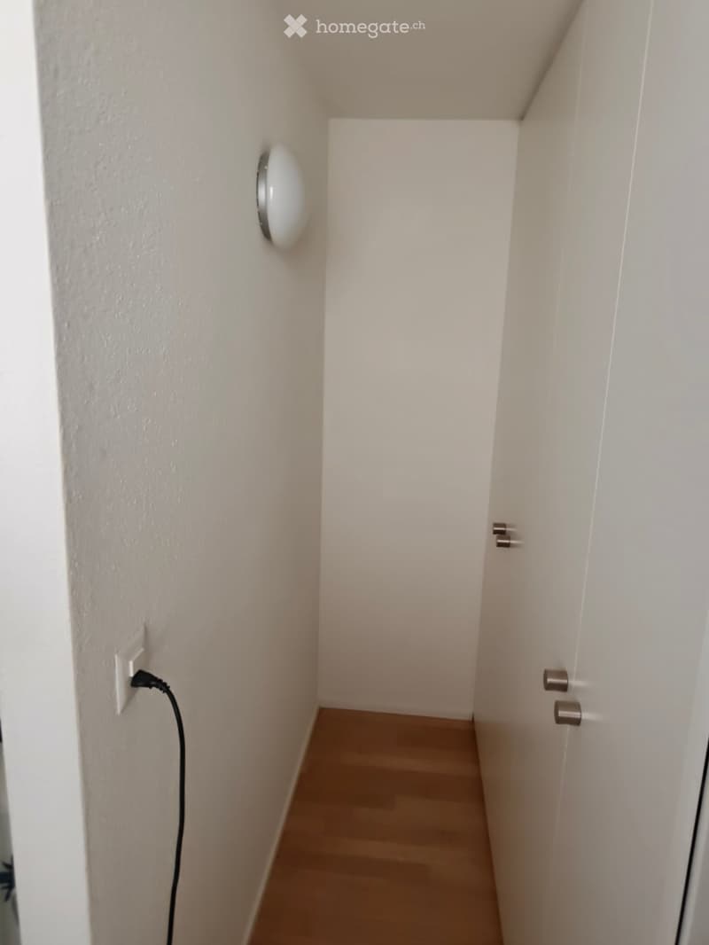 A narrow hallway with light-colored walls and a wooden floor, featuring a light fixture on the left wall and a door at the end.