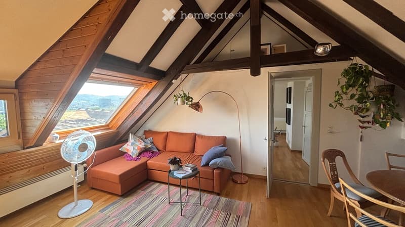 Cozy attic living space with exposed wooden beams, large skylight, orange sofa, small table, and hanging plants.