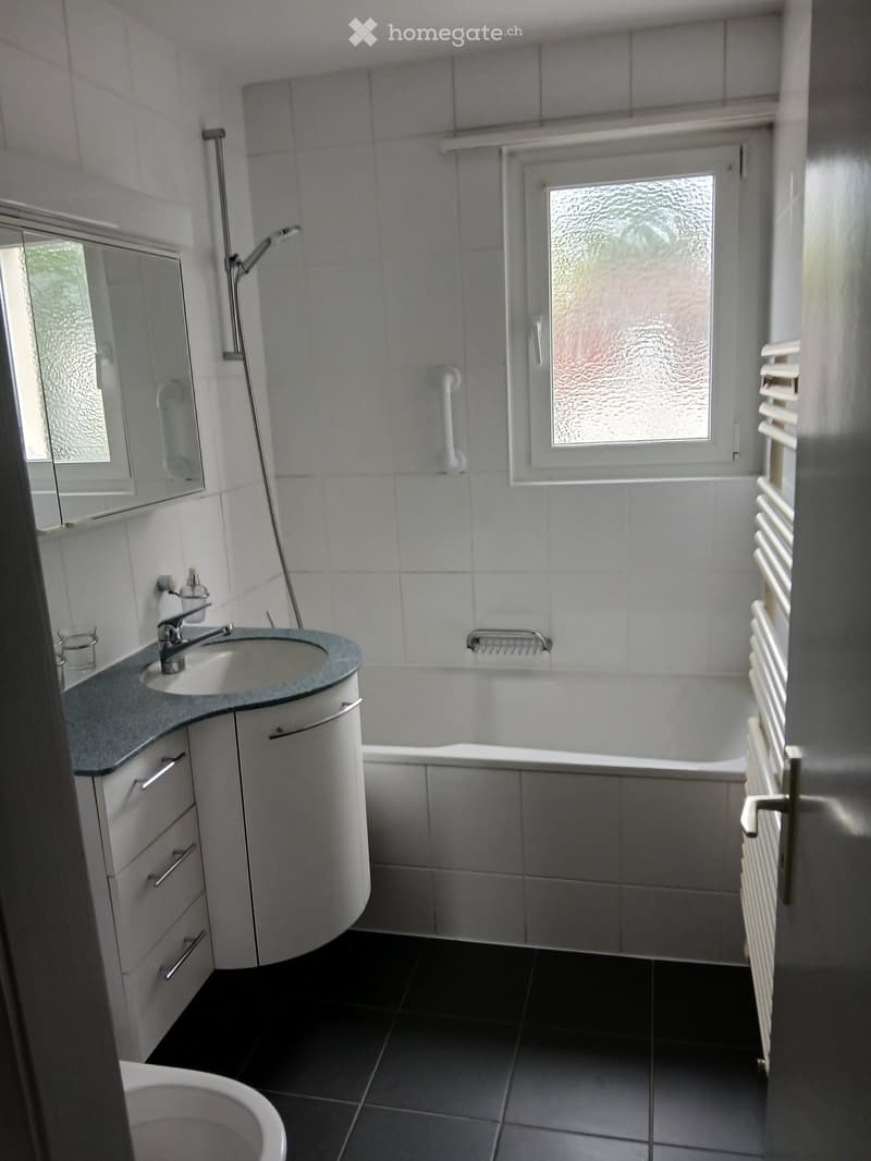 Modern bathroom with white tiles, a bathtub, a sink with a faucet, a mirror, a radiator, and a shower head.