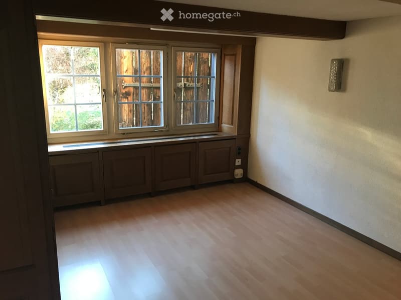 Empty room with wooden flooring, large windows, and built-in cabinets below the windows.