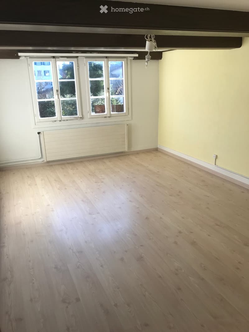 Empty room with light wooden flooring, white walls, large windows, and a radiator. No furniture or equipment present.