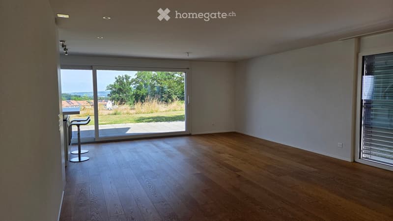 Empty room with wooden flooring, large glass sliding doors leading to an outdoor area, and modern ceiling lights.