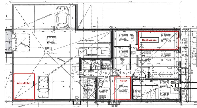 Floor plan showing multiple rooms including a hobby room, storage area, and basement, with labeled dimensions and room numbers.