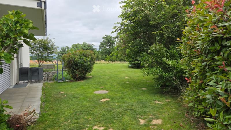 Well-maintained lawn surrounded by bushes and trees, with a paved pathway leading to a house entrance. The area includes a small stone wall and a metal gate.