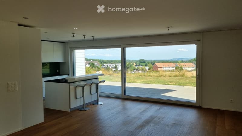 Modern kitchen with wooden flooring, white cabinets, and a large sliding glass door leading to a patio with a scenic view.