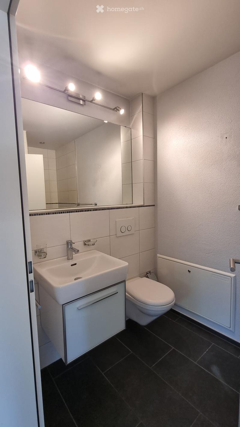 Modern bathroom with a white sink, chrome faucet, large mirror, toilet, and a small cabinet. The floor is dark tiled, and the walls are white with a black accent border near the mirror.