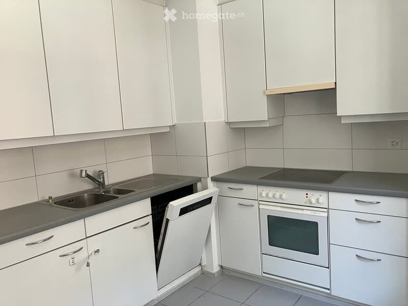 Modern kitchen with white cabinets, stainless steel sink, oven, and dishwasher. Features a grey countertop and tiled backsplash.