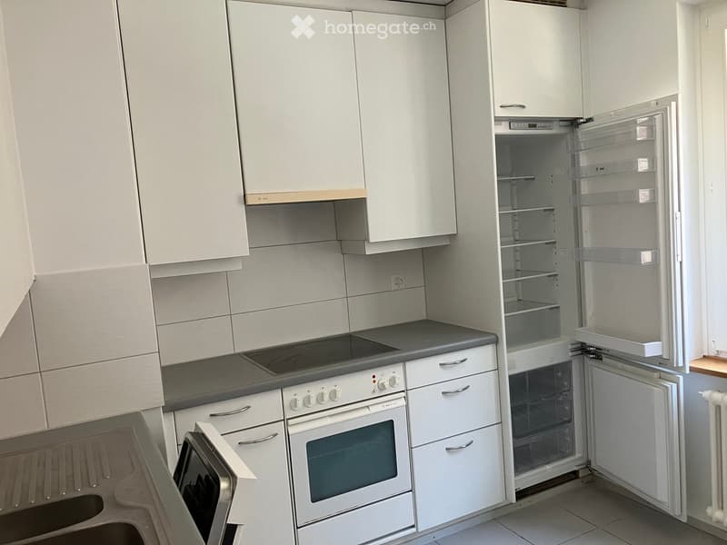Modern kitchen with white cabinets, stainless steel appliances, and a grey countertop.