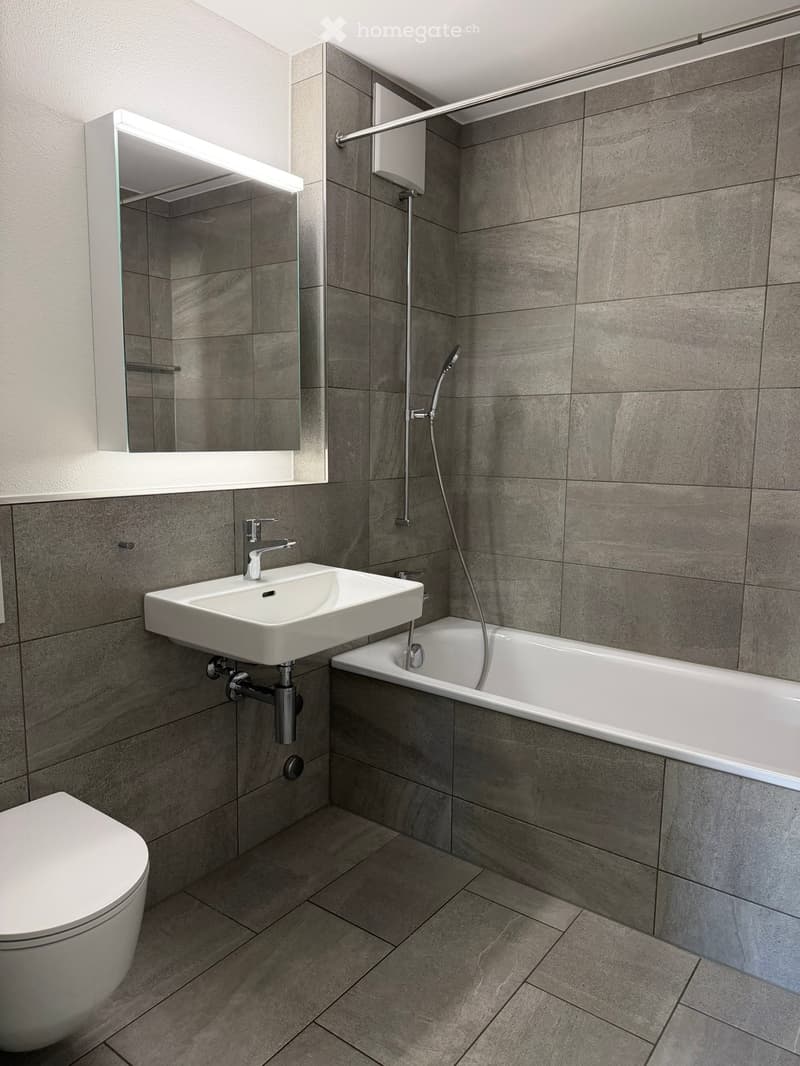 Modern bathroom with grey tiled walls and floor, featuring a white toilet, sink, bathtub, and a mirror with built-in lighting.