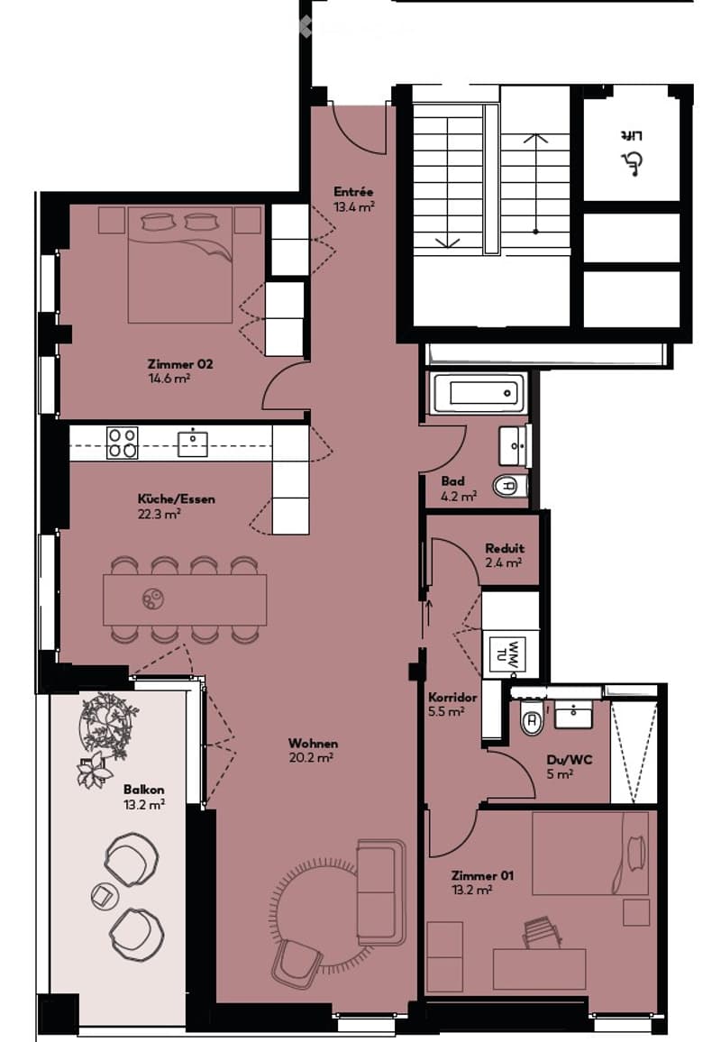 Floor plan of a 2-room apartment with a living area, kitchen, two bedrooms, bathroom, and balcony.