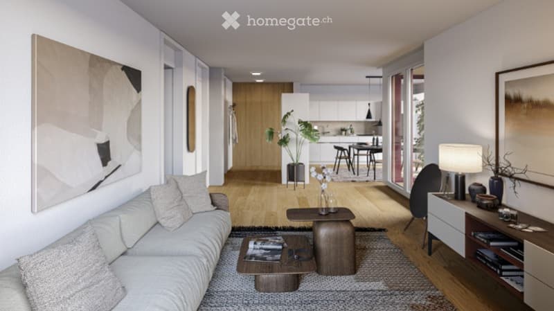 Modern living room with a grey sofa, coffee table, side table, and a potted plant. The room features a sleek design with a large abstract painting on the wall and a view into a contemporary kitchen area with white cabinets and a dining table.