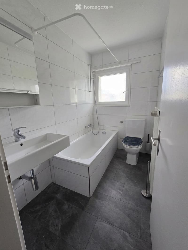 Modern bathroom with white tiles, a bathtub, a sink, a toilet, a mirror, and a radiator. The space is bright with a window providing natural light.