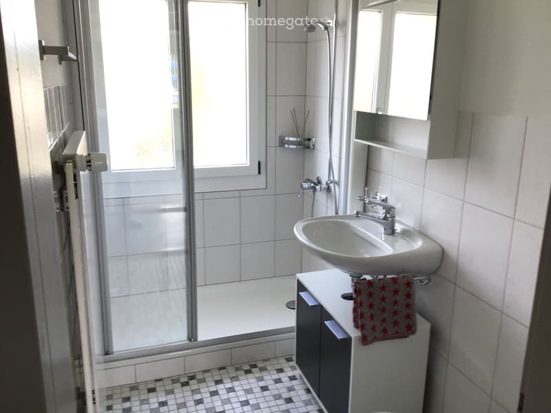 Modern bathroom with a white sink, faucet, mirror, and a glass-enclosed shower area. The floor has a black and white tiled pattern, and a towel is placed on the cabinet.