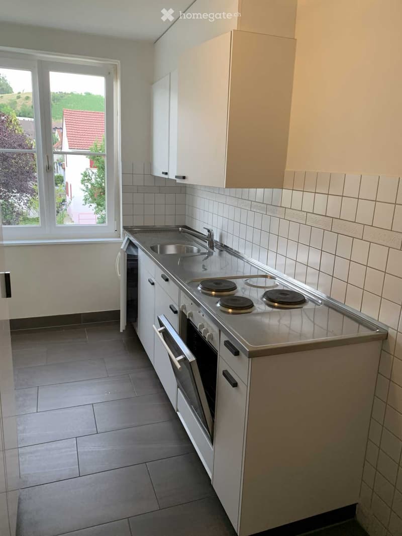 Modern kitchen with white cabinets, stainless steel sink, electric stove, and oven. Grey tiled walls and floor.