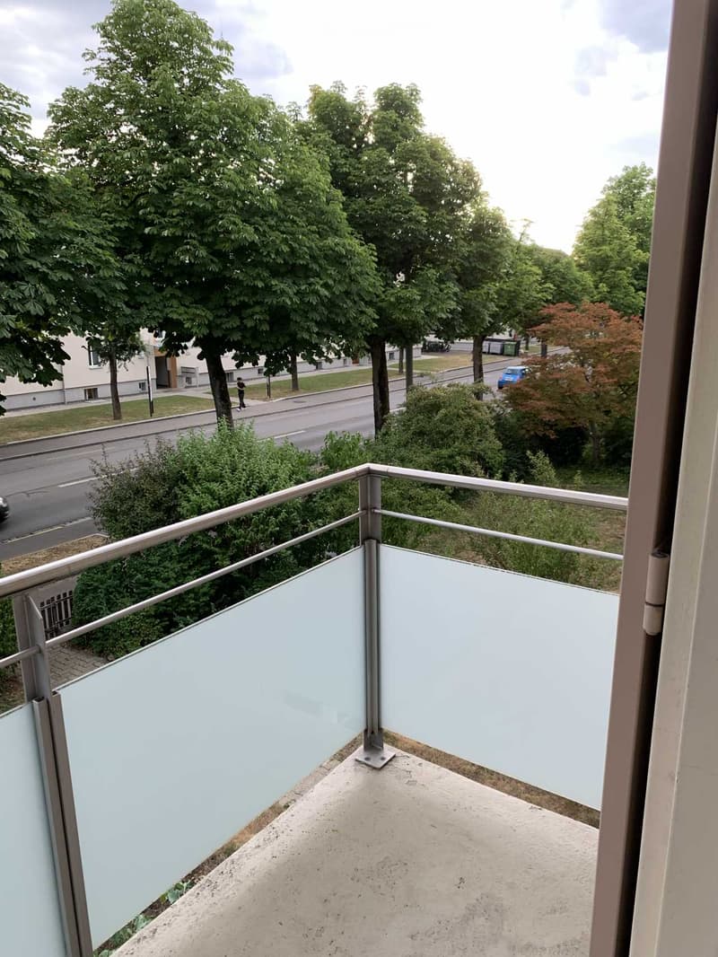 Balcony with glass balustrade overlooking a street lined with trees and a sidewalk.